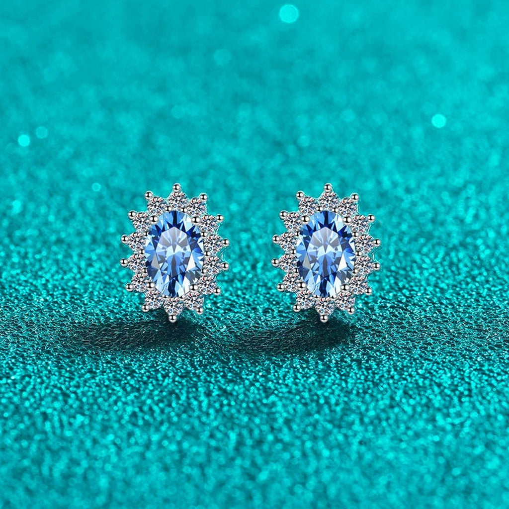 Blue Oval Moissanite Halo Stud Earrings with CZ in Rhodium-Plated S925 sterling silver product scene view showing side profile