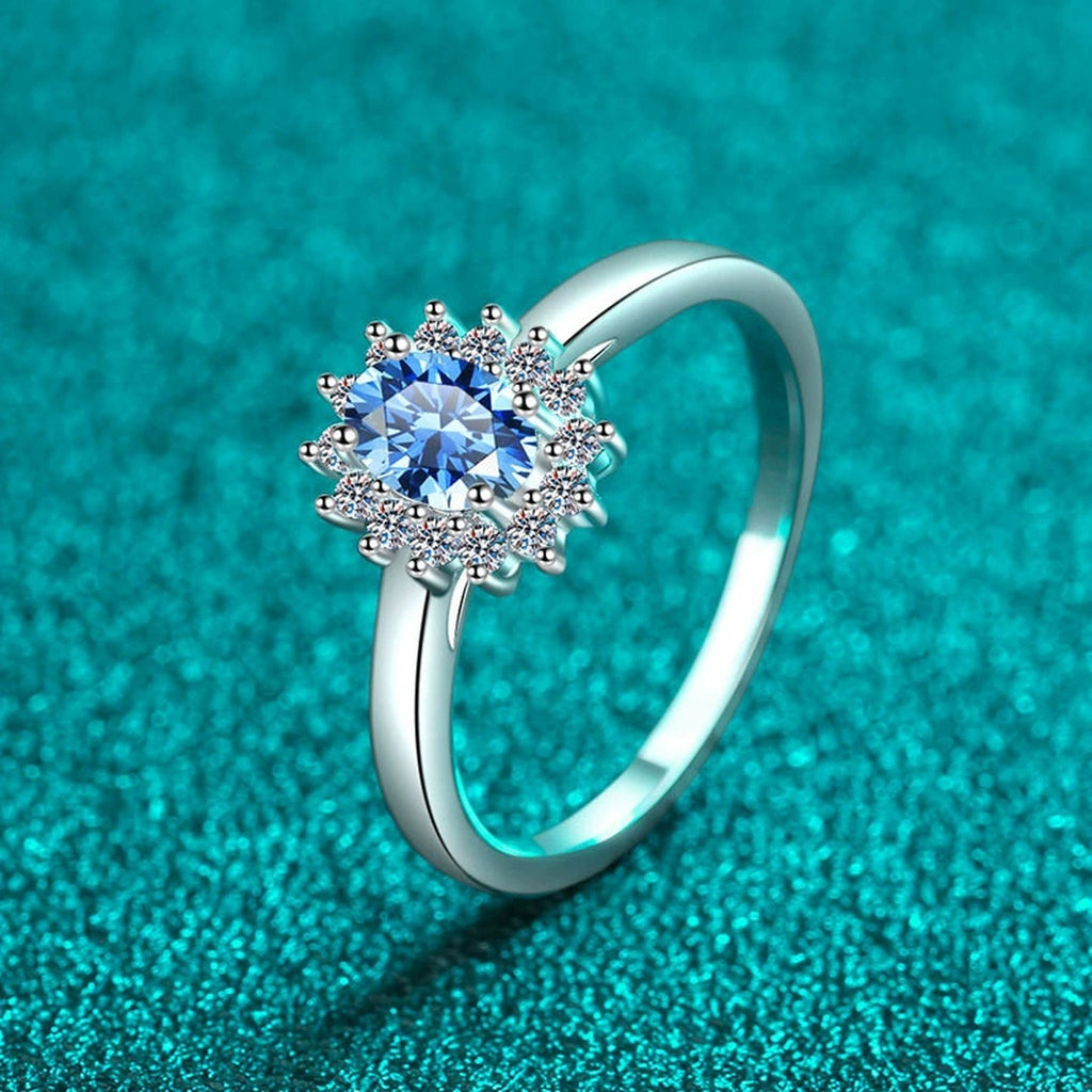 Blue Oval Moissanite Ring with CZ in Rhodium-Plated S925 Sterling Silver blue display product photo showing the moissanite setting, stone cut, and band profile