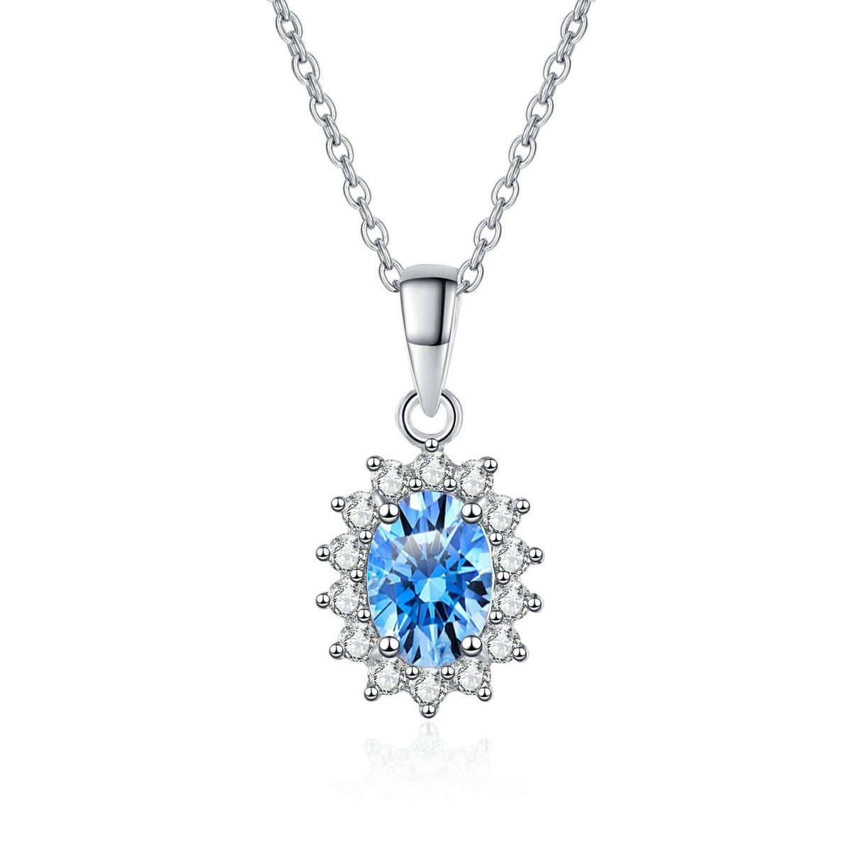 Blue Oval Moissanite Pendant Necklace with CZ in Rhodium-Plated S925 sterling silver white background product photo showing blue oval moissanite pendant with a polished CZ-accented frame