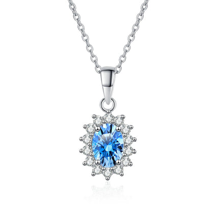Blue Oval Moissanite Pendant Necklace with CZ in Rhodium-Plated S925 sterling silver white background product photo showing blue oval moissanite pendant with a polished CZ-accented frame