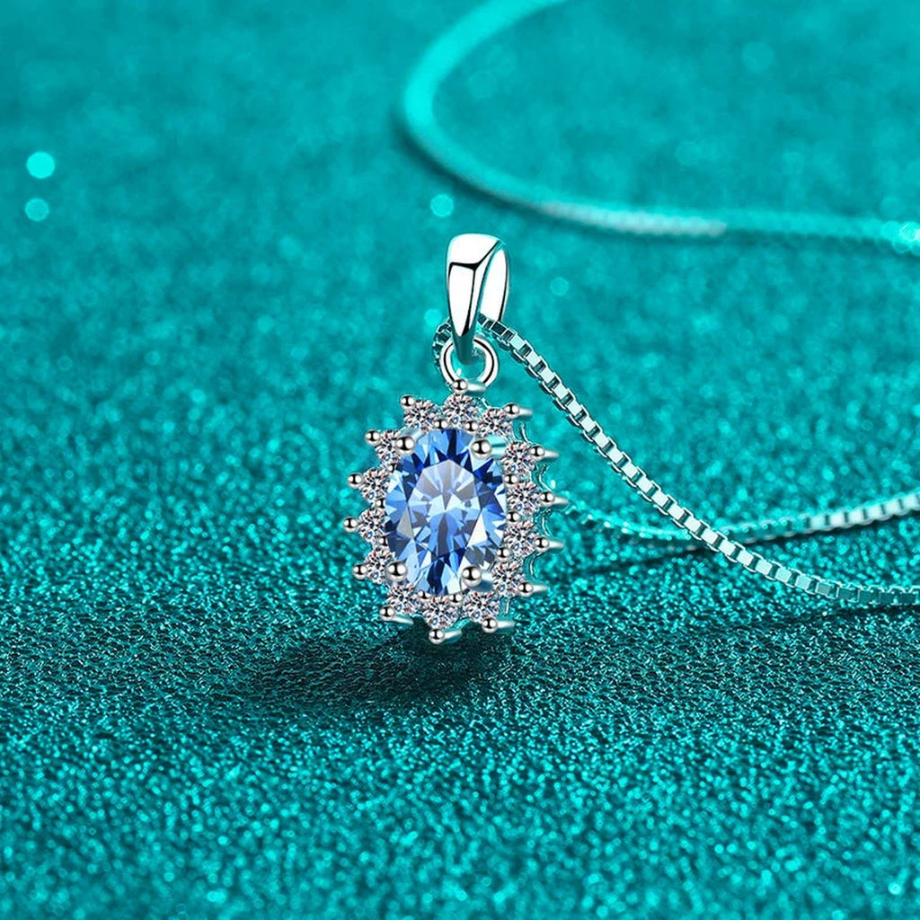 Blue Oval Moissanite Pendant Necklace with CZ in Rhodium-Plated S925 sterling silver close-up product scene showing pendant setting