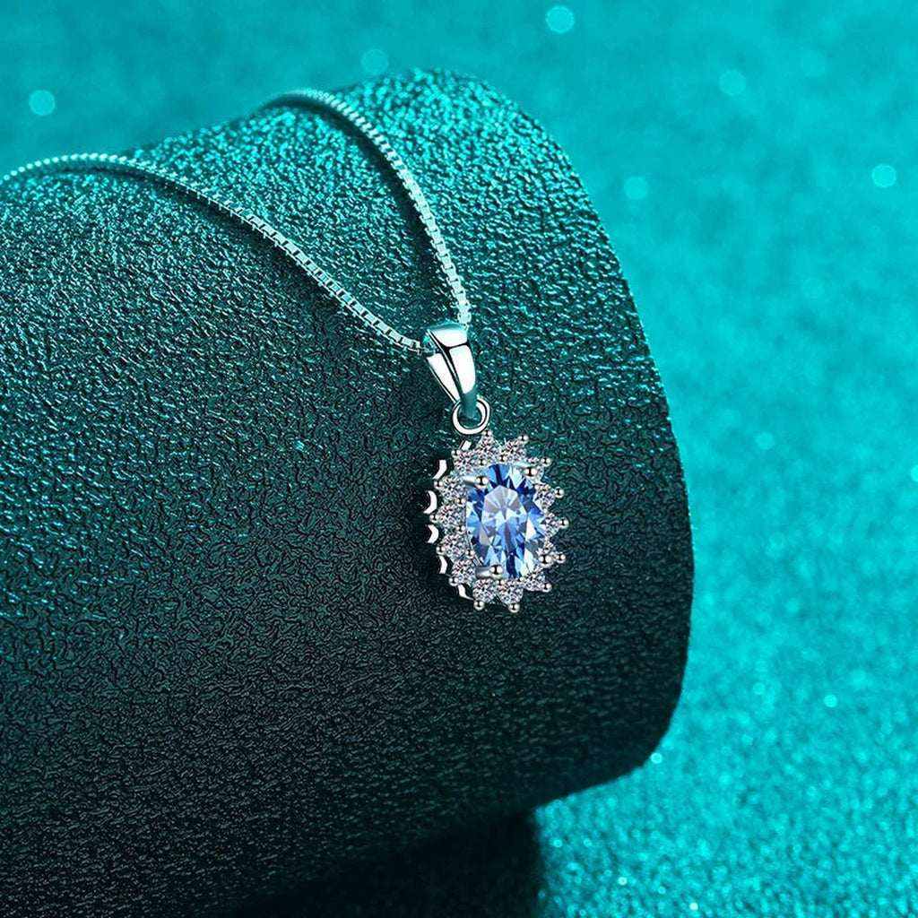Blue Oval Moissanite Pendant Necklace with CZ in Rhodium-Plated S925 sterling silver blue display scene showing chain and stone layout