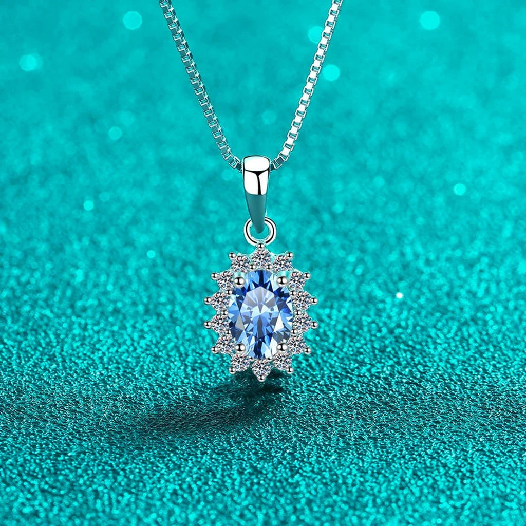 Blue Oval Moissanite Pendant Necklace with CZ in Rhodium-Plated S925 sterling silver angled product detail view