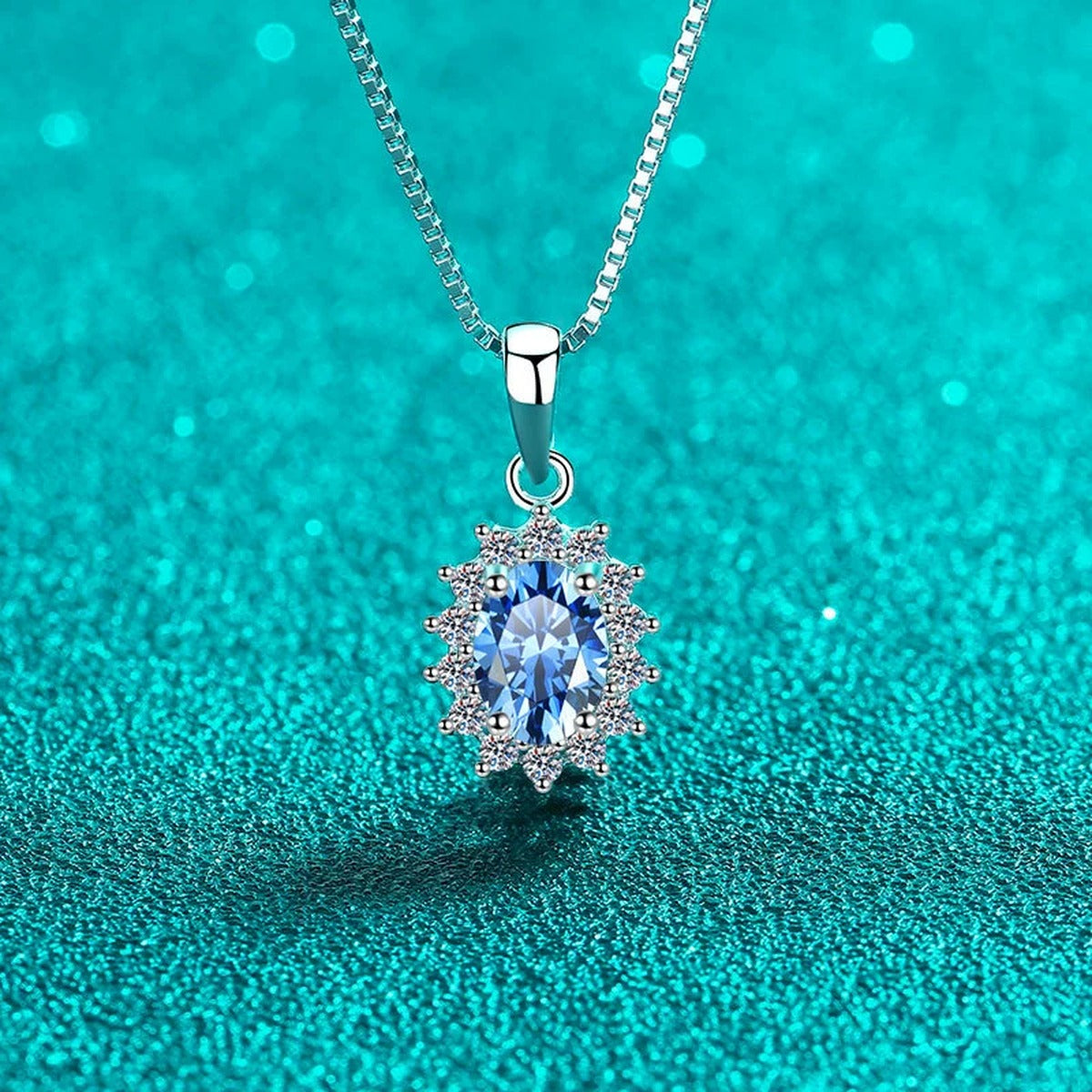 Blue Oval Moissanite Pendant Necklace with CZ in Rhodium-Plated S925 sterling silver angled product detail view