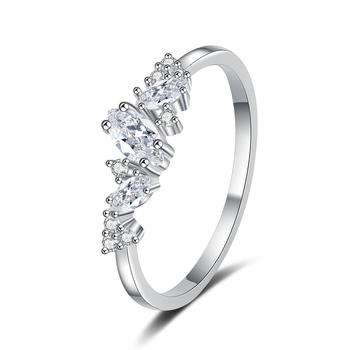 Marquise and Round Moissanite Stackable Ring in rhodium-plated S925 sterling silver on clean white background
