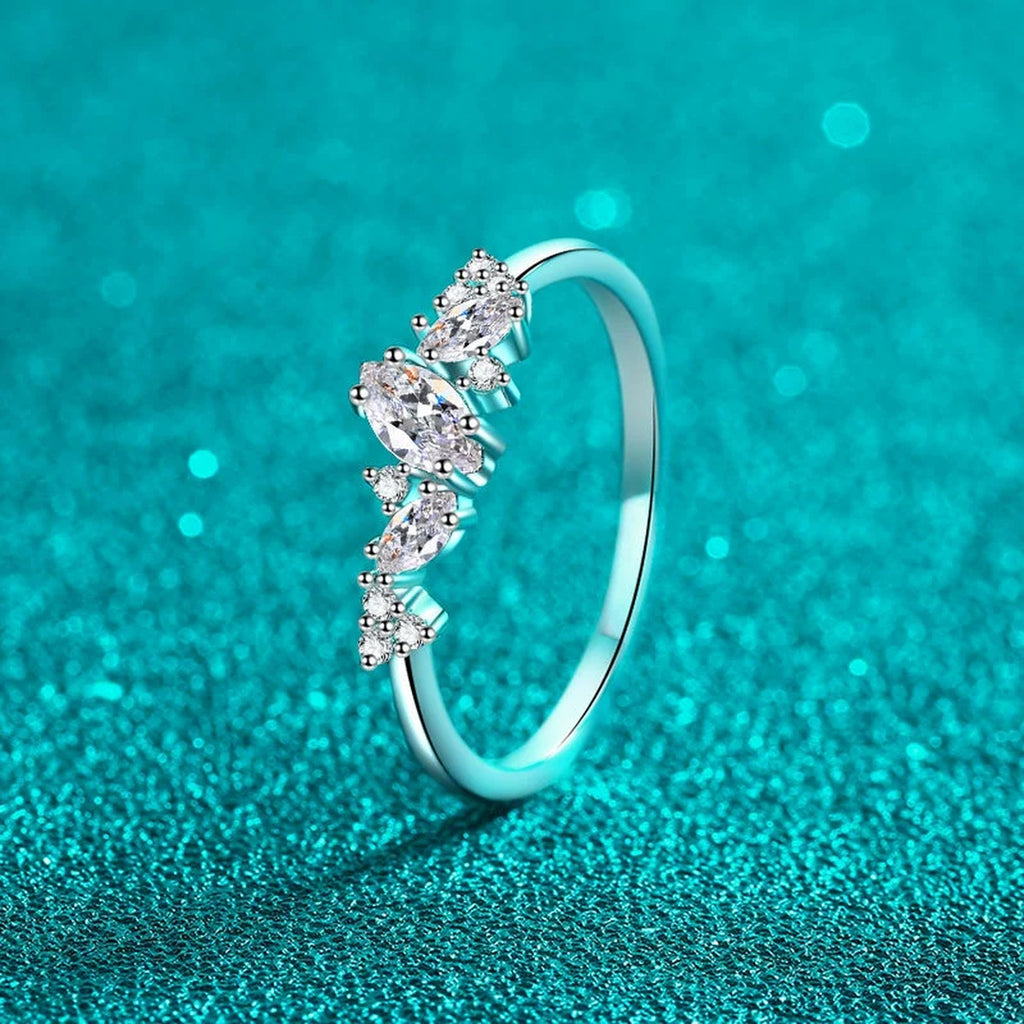 Marquise and Round Moissanite Stackable Ring product view showing moissanite setting and metal finish
