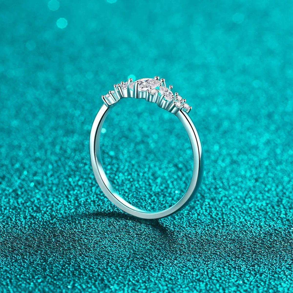 Marquise and Round Moissanite Stackable Ring product view showing moissanite setting and metal finish
