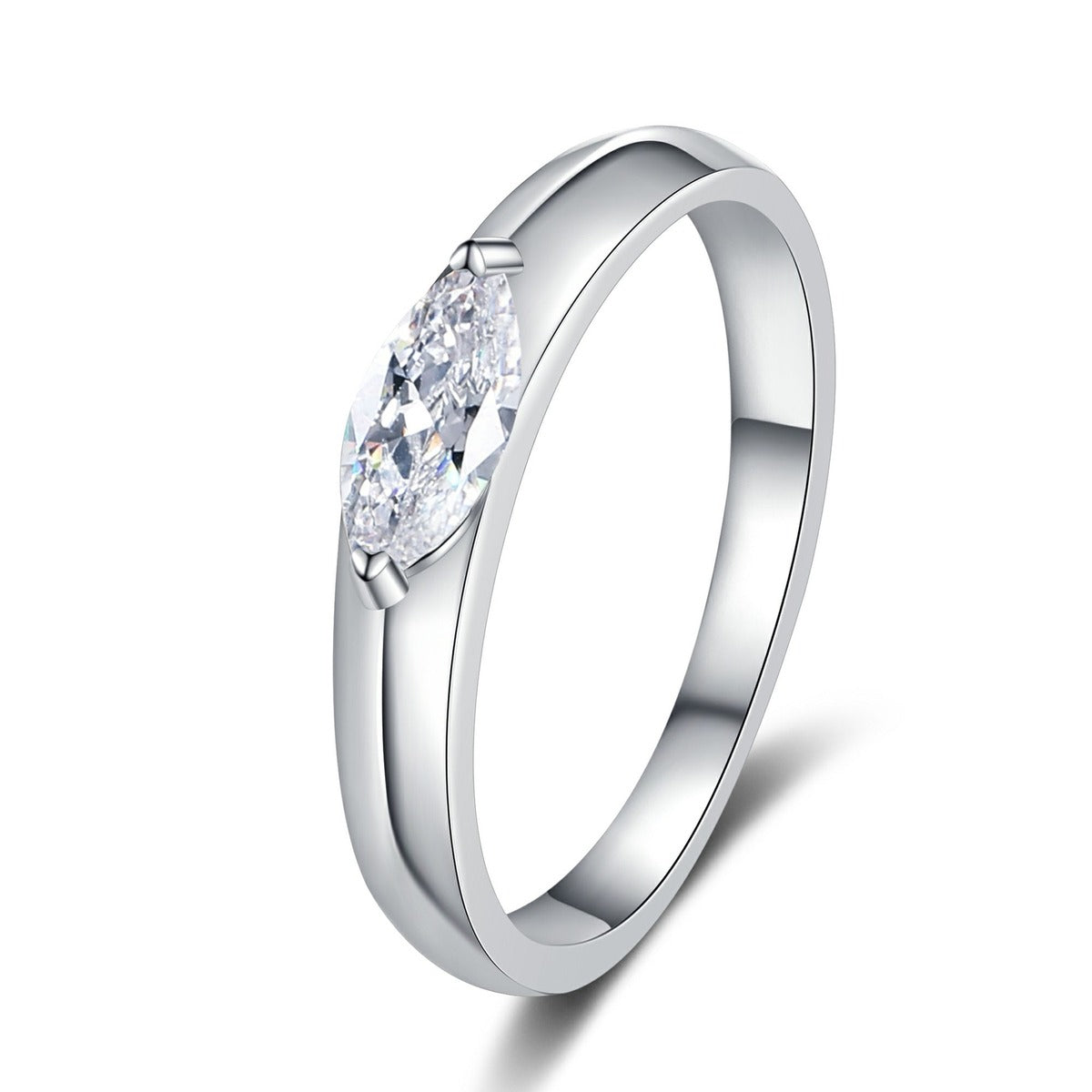 Marquise Cut Moissanite Ring in rhodium-plated S925 sterling silver on clean white background