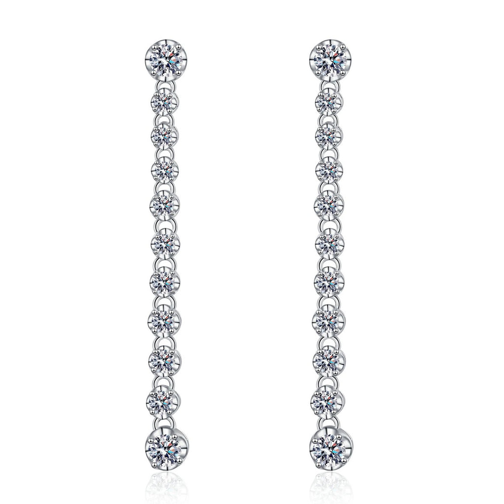Round Moissanite Stud Dangle Earrings in Rhodium-Plated S925 sterling silver white background product photo showing the pair, stone shape, and stud dangle earrings silhouette