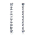 Round Moissanite Stud Dangle Earrings in Rhodium-Plated S925 sterling silver white background product photo showing the pair, stone shape, and stud dangle earrings silhouette