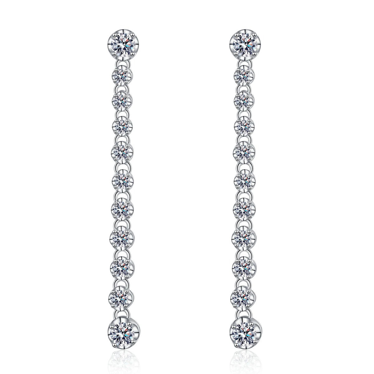 Round Moissanite Stud Dangle Earrings in Rhodium-Plated S925 sterling silver white background product photo showing the pair, stone shape, and stud dangle earrings silhouette