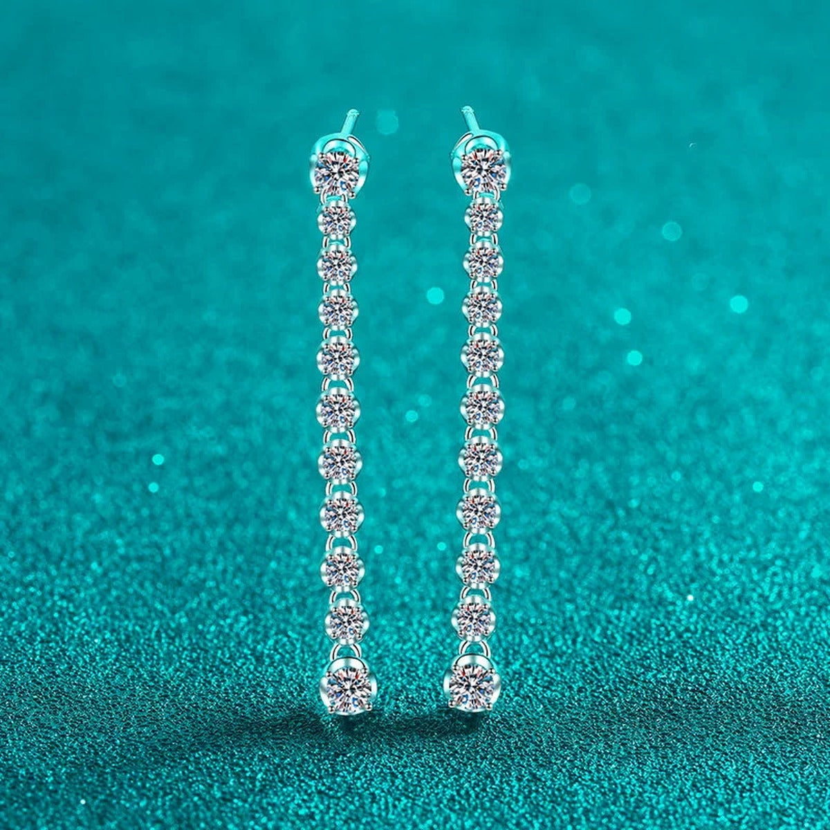 Round Moissanite Stud Dangle Earrings in Rhodium-Plated S925 sterling silver product scene view showing front sparkle