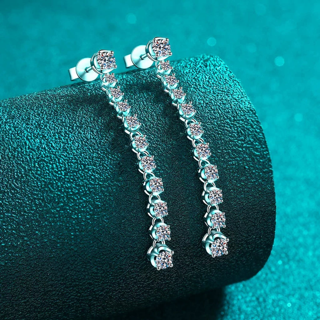Round Moissanite Stud Dangle Earrings in Rhodium-Plated S925 sterling silver product scene view showing angled setting detail