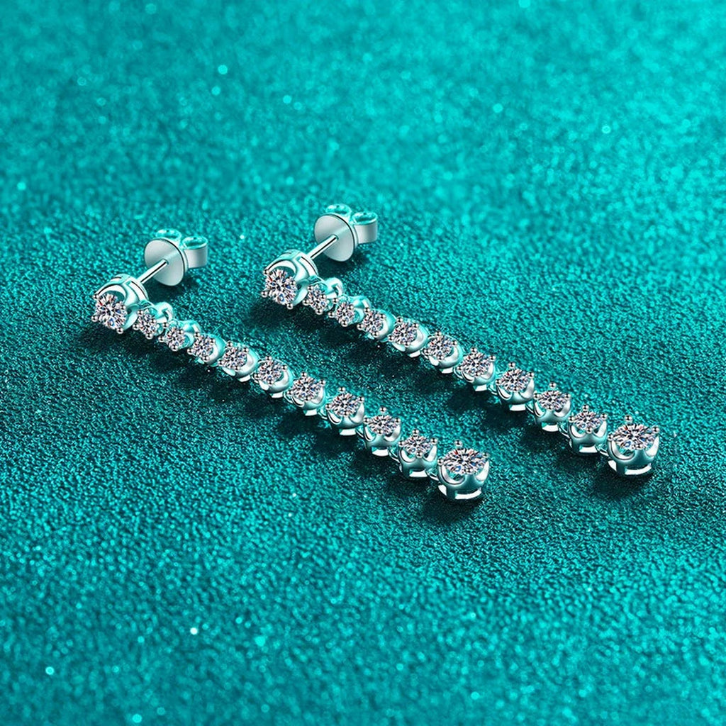 Round Moissanite Stud Dangle Earrings in Rhodium-Plated S925 sterling silver product scene view showing side profile