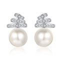 Pearl and Moissanite Stud Drop Earrings in Rhodium-Plated S925 sterling silver white background product photo showing the pair, stone shape, and stud earrings silhouette