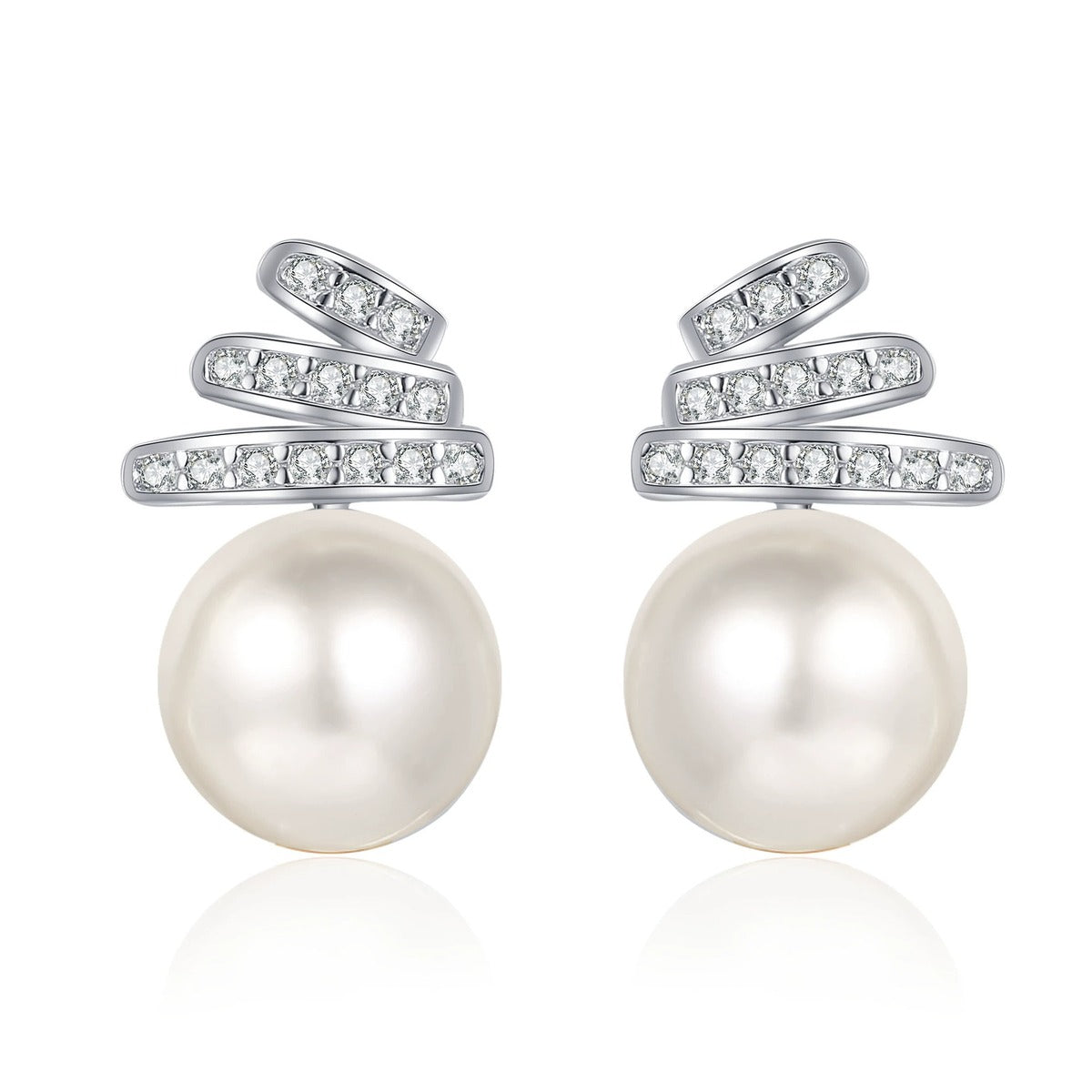 Pearl and Moissanite Stud Drop Earrings in Rhodium-Plated S925 sterling silver white background product photo showing the pair, stone shape, and stud earrings silhouette
