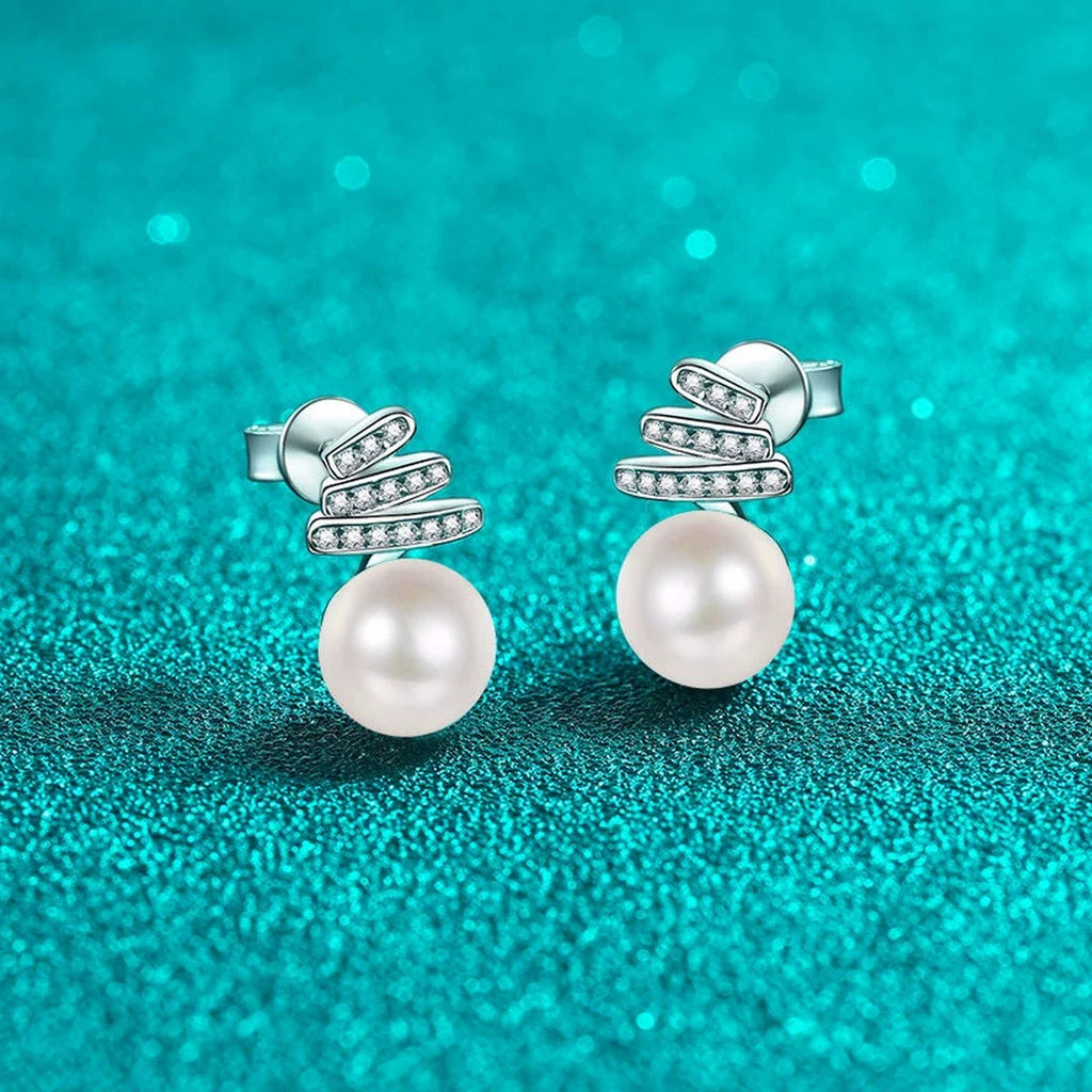 Pearl and Moissanite Stud Drop Earrings in Rhodium-Plated S925 sterling silver product scene view showing front sparkle