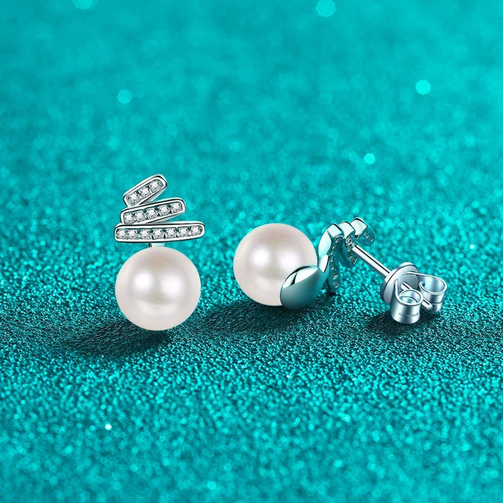 Pearl and Moissanite Stud Drop Earrings in Rhodium-Plated S925 sterling silver product scene view showing angled setting detail