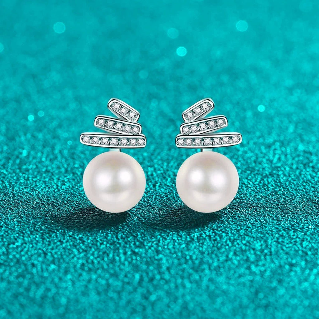 Pearl and Moissanite Stud Drop Earrings in Rhodium-Plated S925 sterling silver product scene view showing side profile