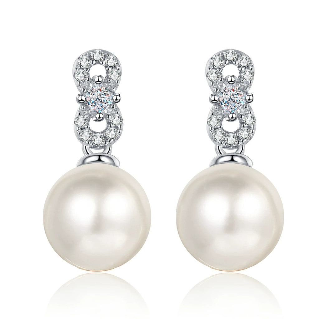 Princess and Round Moissanite Pearl Stud Dangle Earrings in Rhodium-Plated S925 sterling silver on white background showing the full pair, pearl and moissanite detail, and stud dangle earrings silhouette