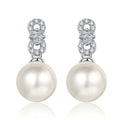 Princess and Round Moissanite Pearl Stud Dangle Earrings in Rhodium-Plated S925 sterling silver on white background showing the full pair, pearl and moissanite detail, and stud dangle earrings silhouette