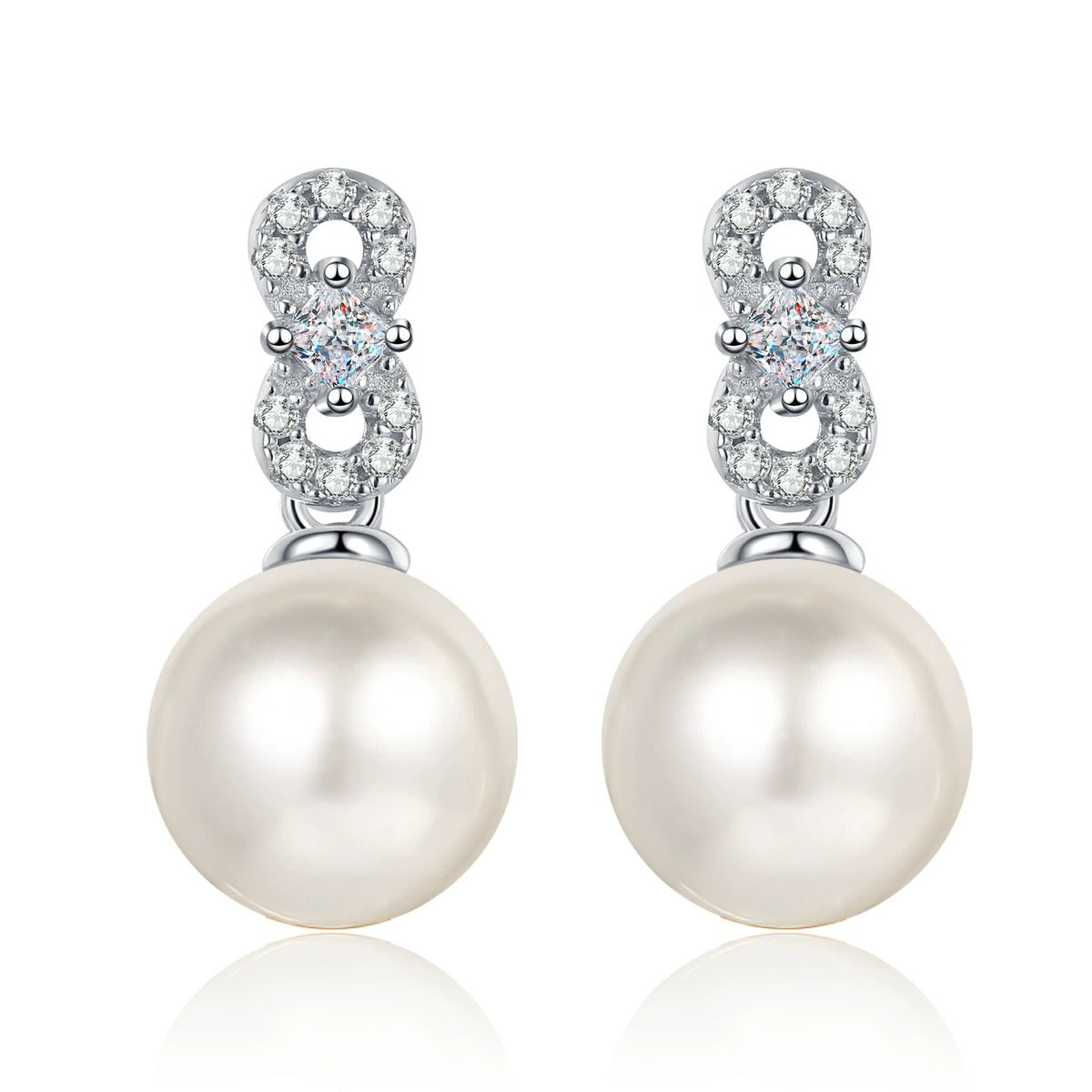 Princess and Round Moissanite Pearl Stud Dangle Earrings in Rhodium-Plated S925 sterling silver on white background showing the full pair, pearl and moissanite detail, and stud dangle earrings silhouette