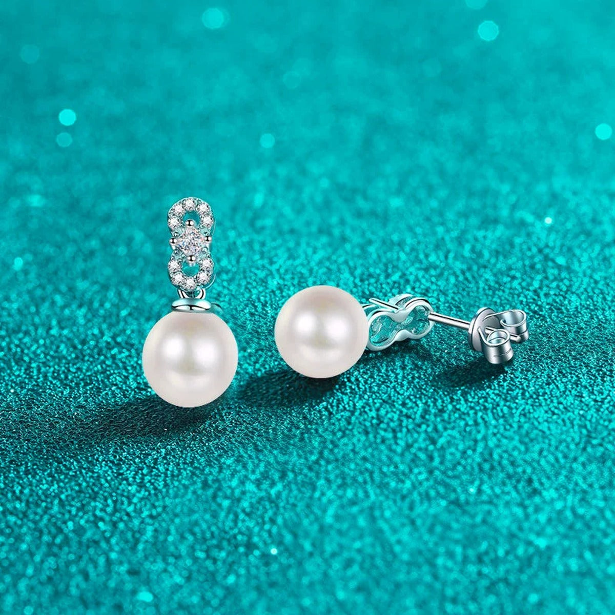 Princess and Round Moissanite Pearl Stud Dangle Earrings in Rhodium-Plated S925 sterling silver product scene view showing front detail