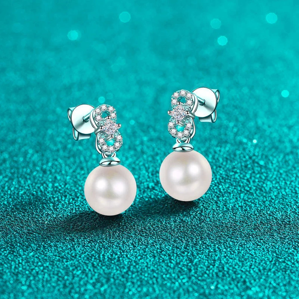 Princess and Round Moissanite Pearl Stud Dangle Earrings in Rhodium-Plated S925 sterling silver product scene view showing angled setting detail