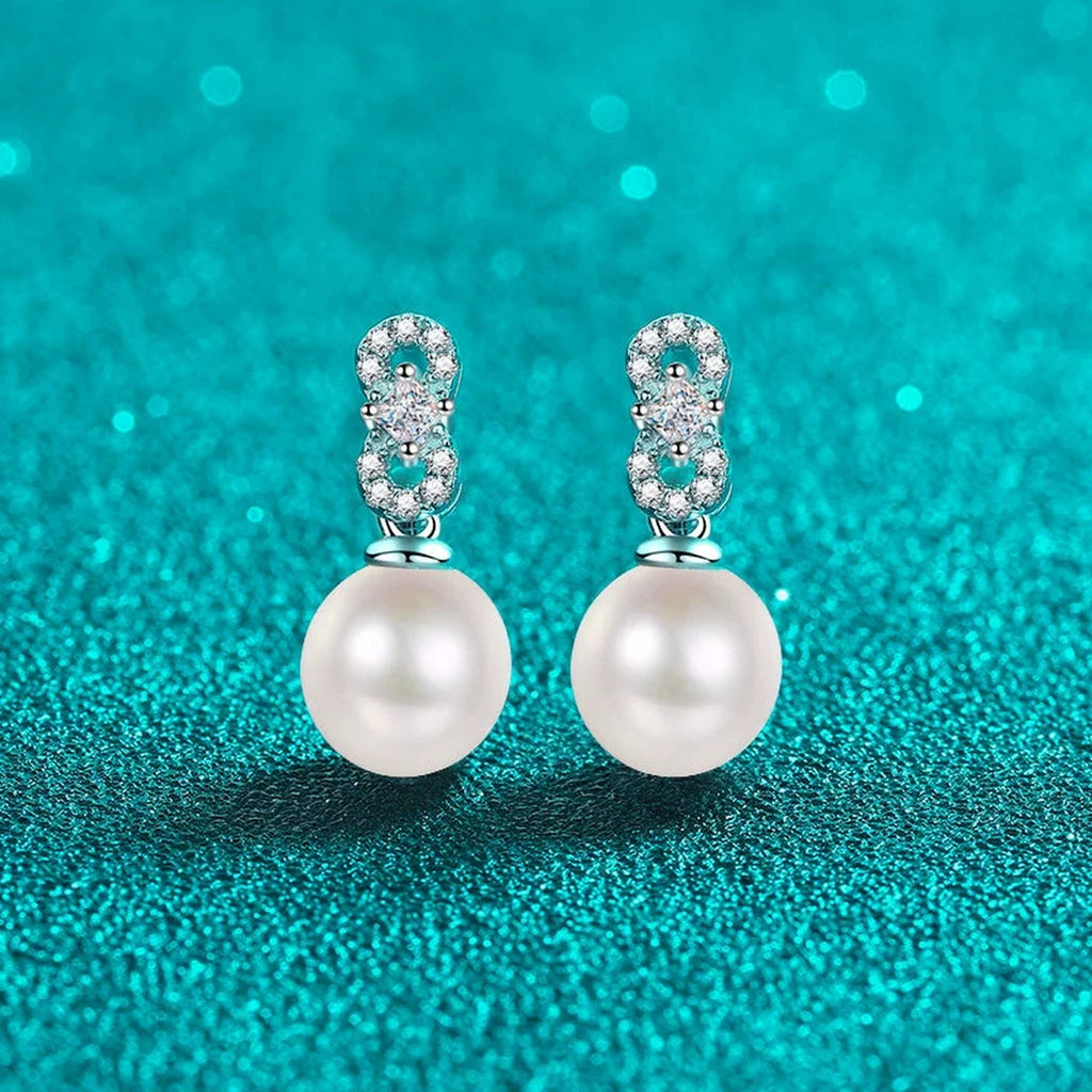 Princess and Round Moissanite Pearl Stud Dangle Earrings in Rhodium-Plated S925 sterling silver product scene view showing side profile