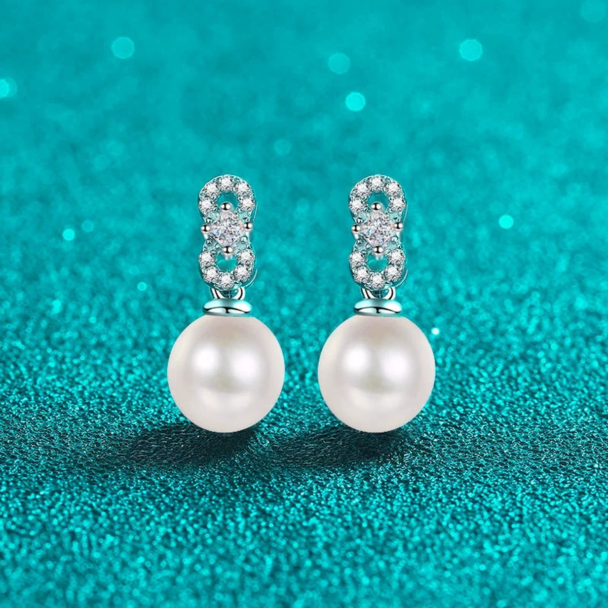 Princess and Round Moissanite Pearl Stud Dangle Earrings in Rhodium-Plated S925 sterling silver product scene view showing side profile