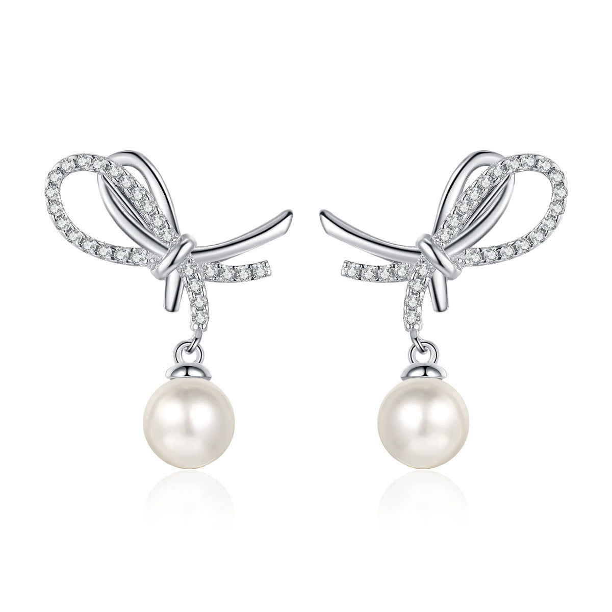 Bow Pearl Moissanite Stud Dangle Earrings in Rhodium-Plated S925 sterling silver on white background showing the full pair, pearl and moissanite detail, and stud dangle earrings silhouette
