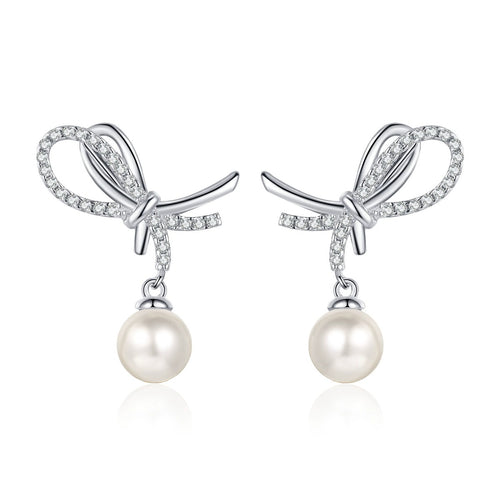Bow Pearl Moissanite Stud Dangle Earrings in Rhodium-Plated S925 sterling silver on white background showing the full pair, pearl and moissanite detail, and stud dangle earrings silhouette