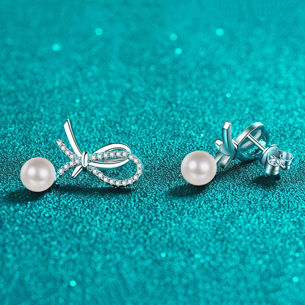 Bow Pearl Moissanite Stud Dangle Earrings in Rhodium-Plated S925 sterling silver product scene view showing side profile