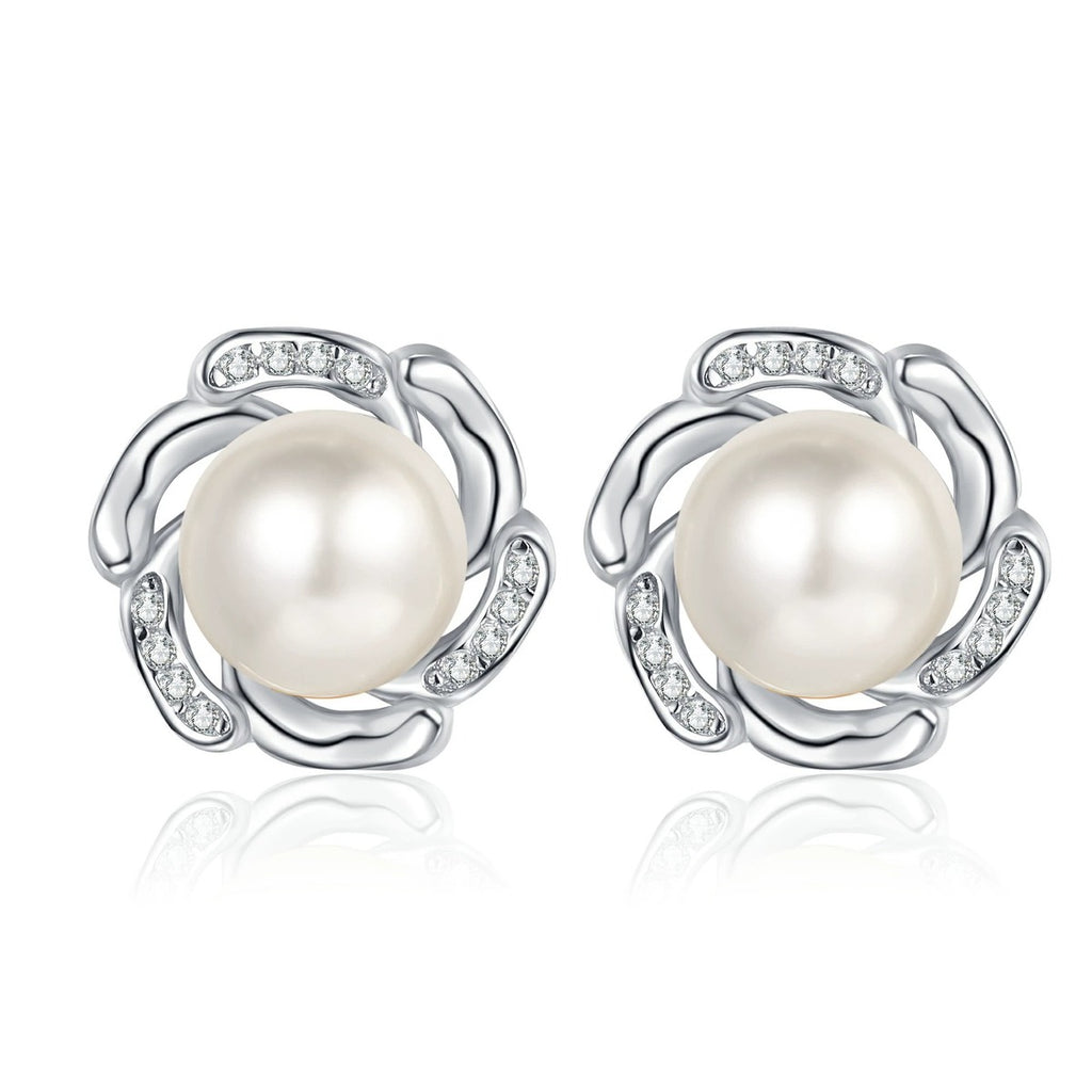 Floral Pearl and Moissanite Stud Earrings in Rhodium-Plated S925 sterling silver white background product photo showing the pair, stone shape, and stud earrings silhouette