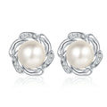 Floral Pearl and Moissanite Stud Earrings in Rhodium-Plated S925 sterling silver white background product photo showing the pair, stone shape, and stud earrings silhouette