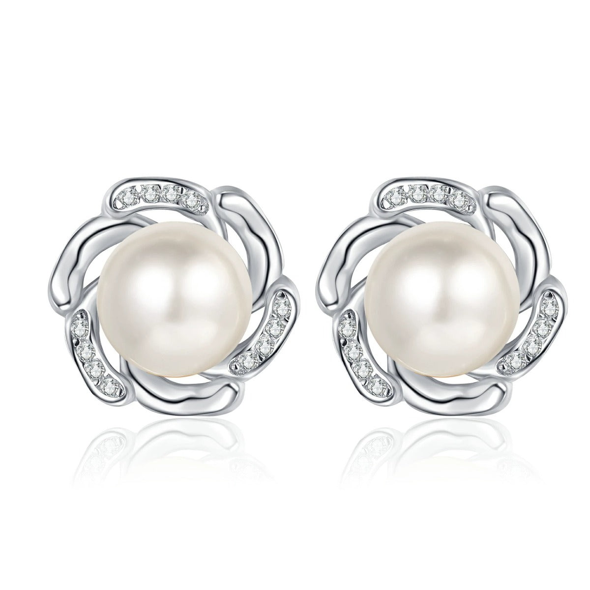 Floral Pearl and Moissanite Stud Earrings in Rhodium-Plated S925 sterling silver white background product photo showing the pair, stone shape, and stud earrings silhouette