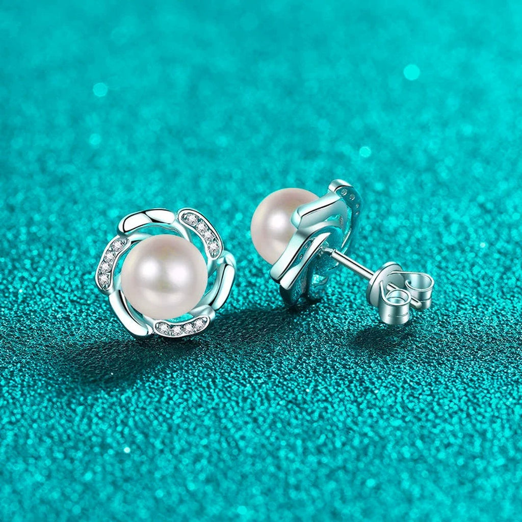 Floral Pearl and Moissanite Stud Earrings in Rhodium-Plated S925 sterling silver product scene view showing front sparkle