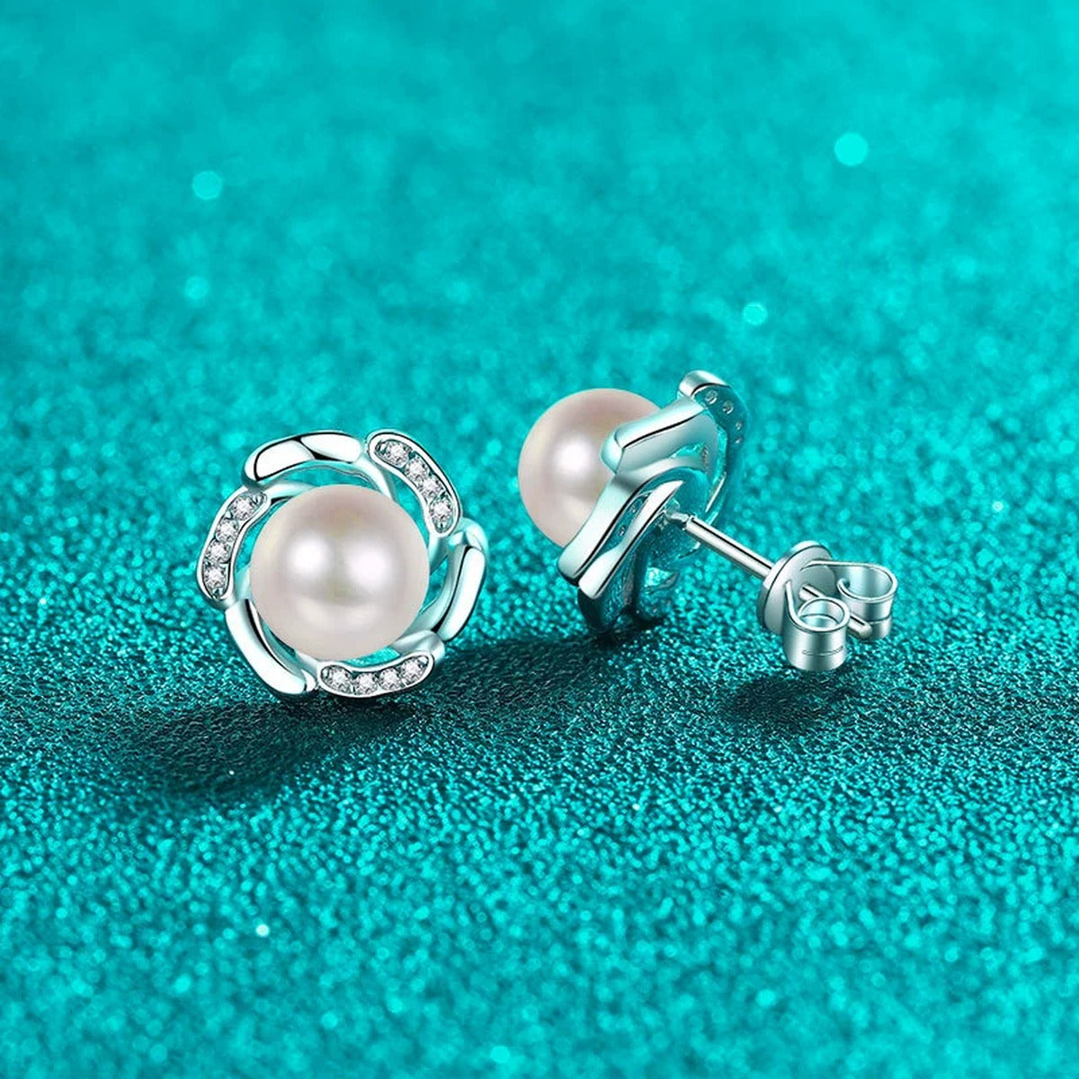 Floral Pearl and Moissanite Stud Earrings in Rhodium-Plated S925 sterling silver product scene view showing front sparkle