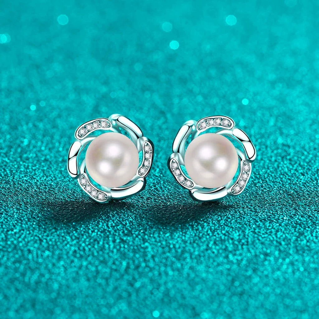 Floral Pearl and Moissanite Stud Earrings in Rhodium-Plated S925 sterling silver product scene view showing angled setting detail