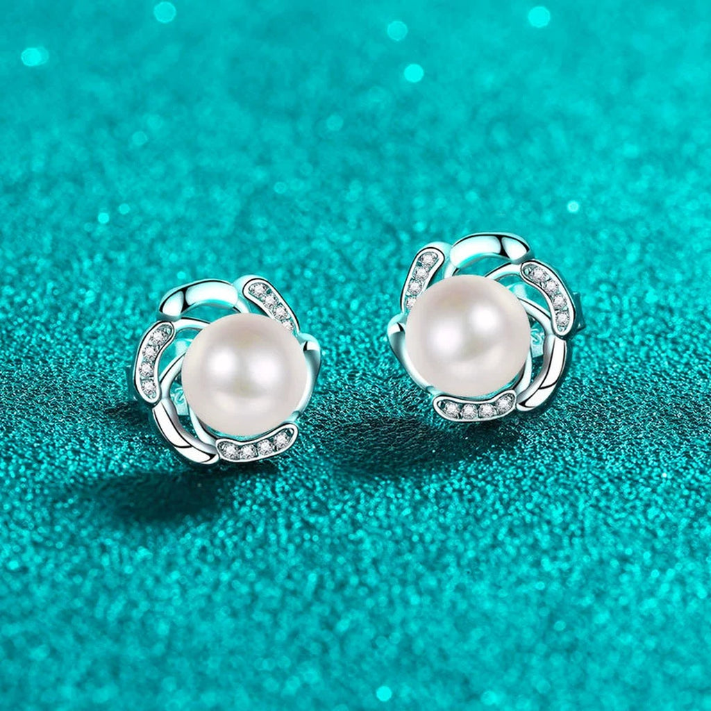 Floral Pearl and Moissanite Stud Earrings in Rhodium-Plated S925 sterling silver product scene view showing side profile