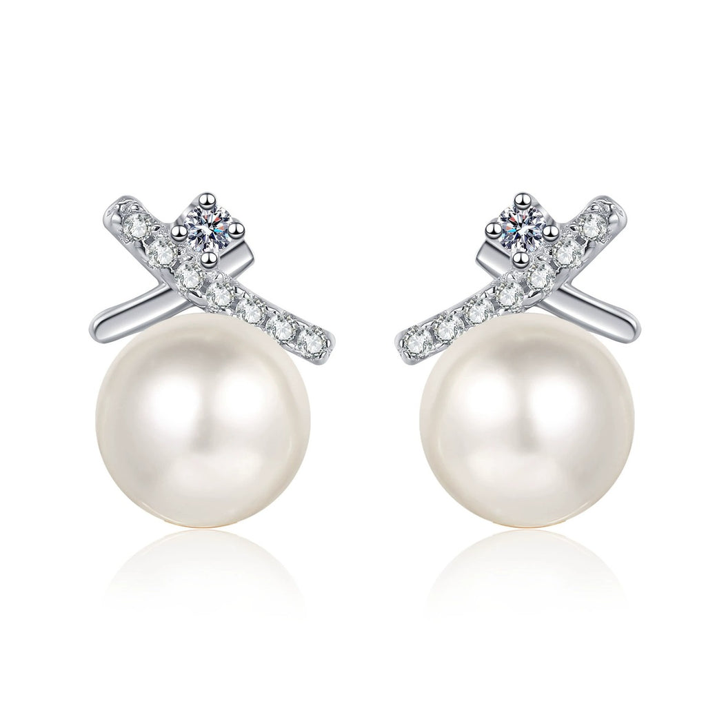 Bow Pearl and Moissanite Stud Dangle Earrings with CZ in Rhodium-Plated S925 sterling silver white background product photo showing the pair, stone shape, and stud dangle earrings silhouette