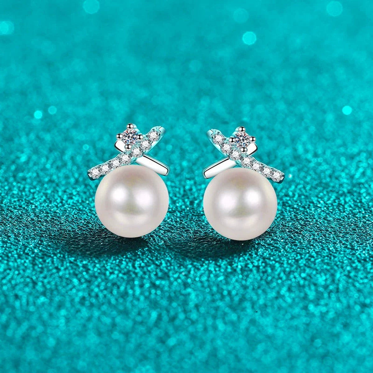 Bow Pearl and Moissanite Stud Dangle Earrings with CZ in Rhodium-Plated S925 sterling silver product scene view showing front sparkle