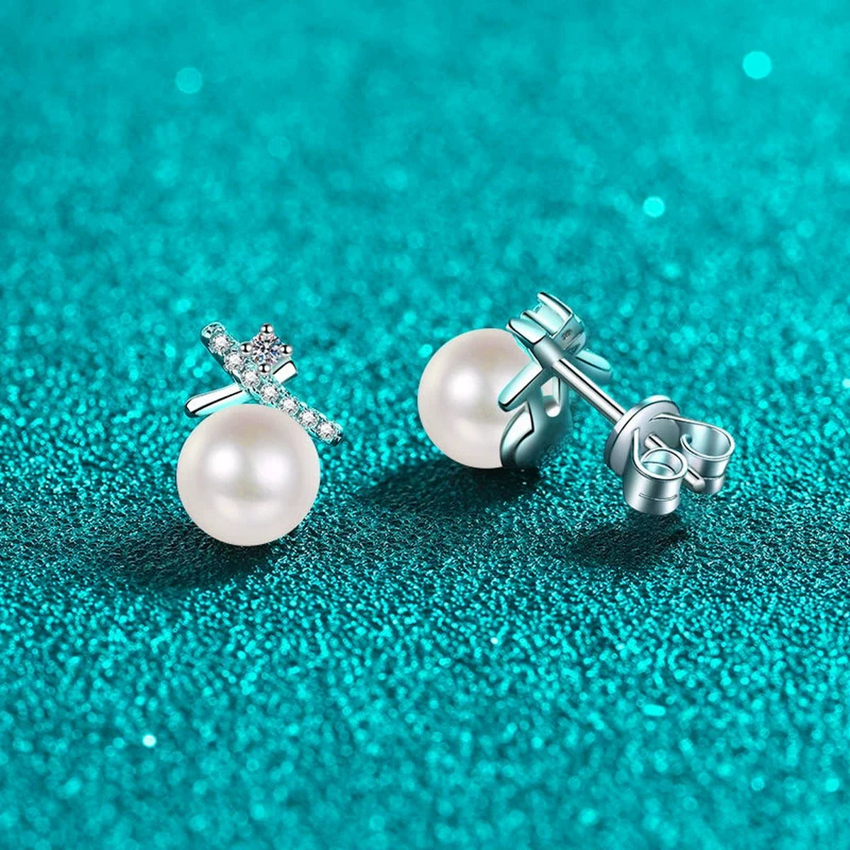 Bow Pearl and Moissanite Stud Dangle Earrings with CZ in Rhodium-Plated S925 sterling silver product scene view showing side profile