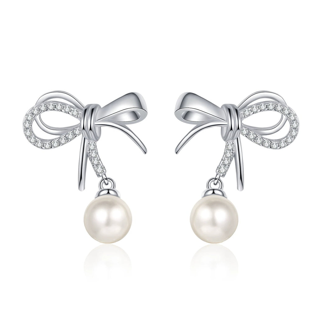 Bow Pearl and Moissanite Stud Dangle Earrings in Rhodium-Plated S925 sterling silver white background product photo showing the pair, stone shape, and stud dangle earrings silhouette