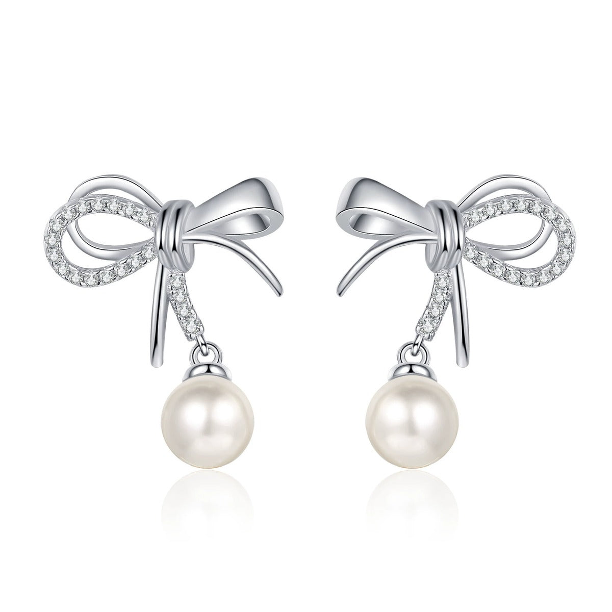 Bow Pearl and Moissanite Stud Dangle Earrings in Rhodium-Plated S925 sterling silver white background product photo showing the pair, stone shape, and stud dangle earrings silhouette