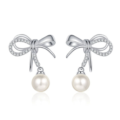 Bow Pearl and Moissanite Stud Dangle Earrings in Rhodium-Plated S925 sterling silver white background product photo showing the pair, stone shape, and stud dangle earrings silhouette