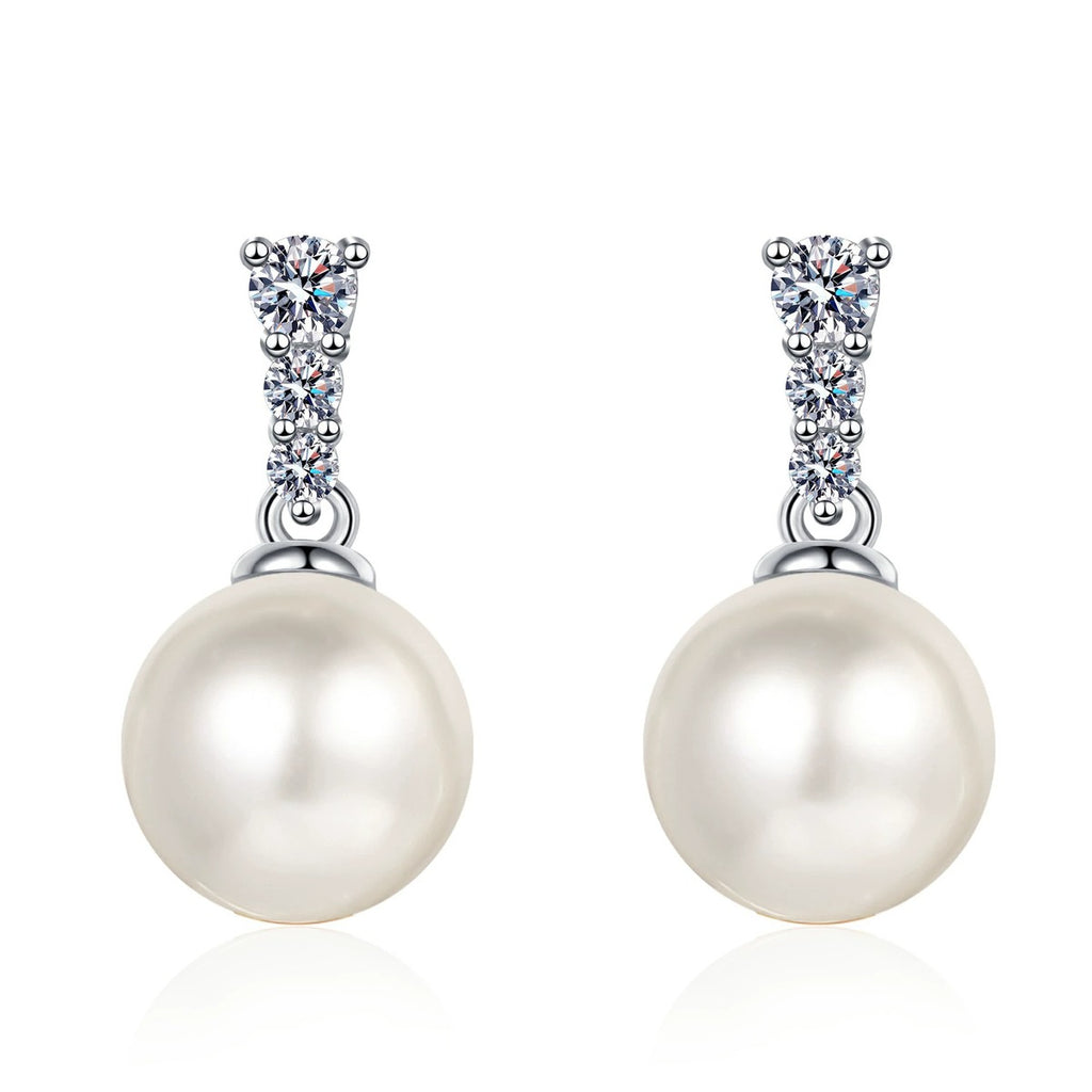 Pearl and Moissanite Stud Dangle Earrings in Rhodium-Plated S925 sterling silver white background product photo showing the pair, stone shape, and stud dangle earrings silhouette