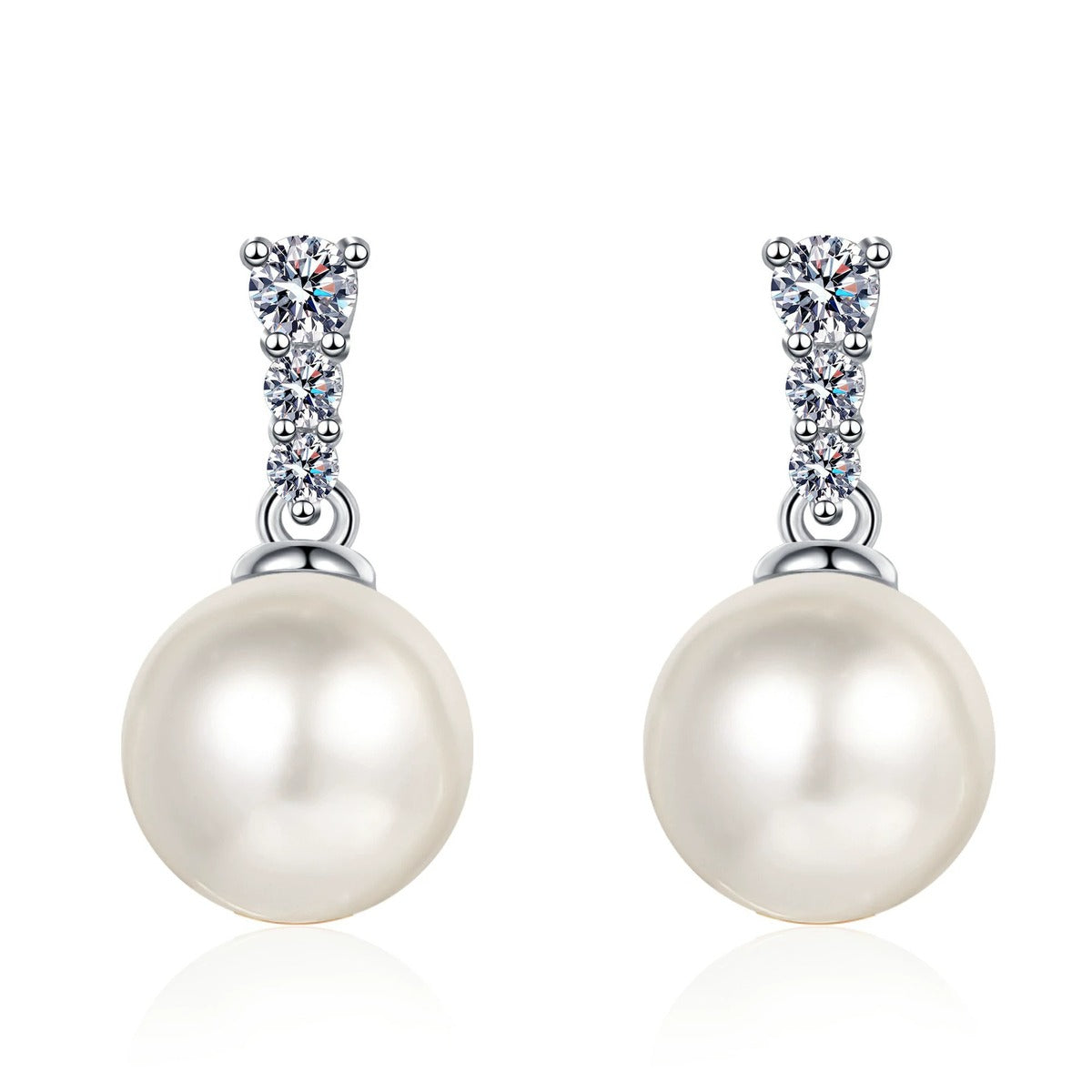 Pearl and Moissanite Stud Dangle Earrings in Rhodium-Plated S925 sterling silver white background product photo showing the pair, stone shape, and stud dangle earrings silhouette