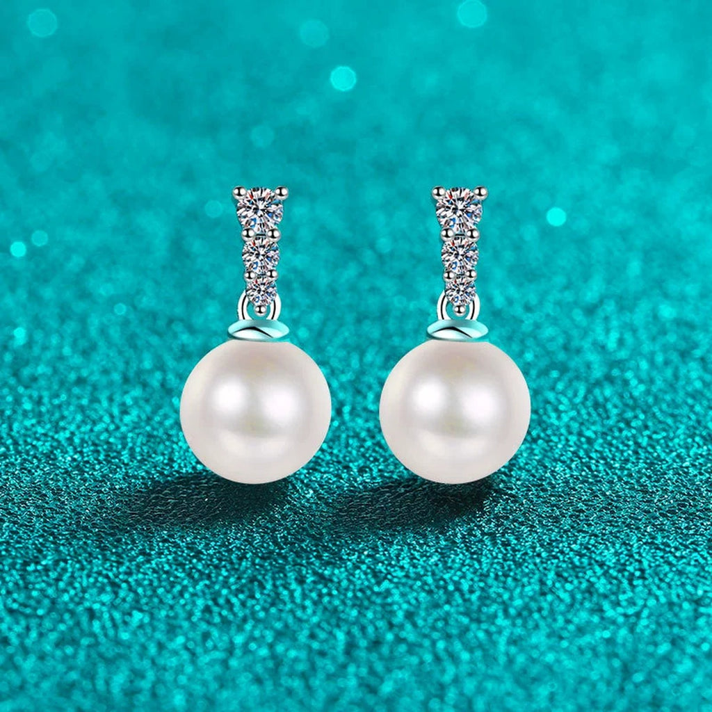 Pearl and Moissanite Stud Dangle Earrings in Rhodium-Plated S925 sterling silver product scene view showing side profile
