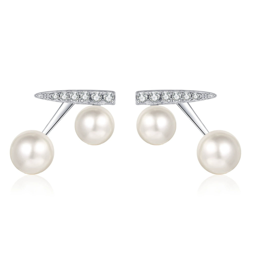 Cherry Pearl and Moissanite Stud Drop Earrings in Rhodium-Plated S925 sterling silver white background product photo showing the pair, stone shape, and stud earrings silhouette